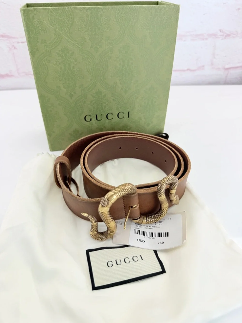 Gucci Rare Brown Leather Belt with Gold Snake Buckle 453935 105/42